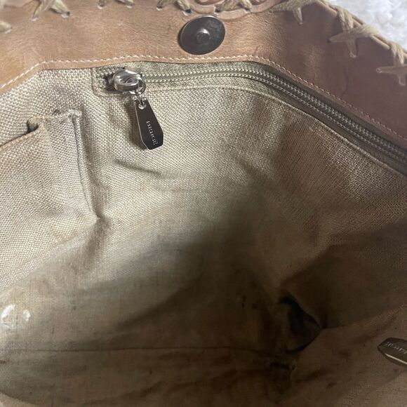 Bergé Italian leather embossed Tan and Cream cross stitching accents Tote Bag - Picture 13 of 13